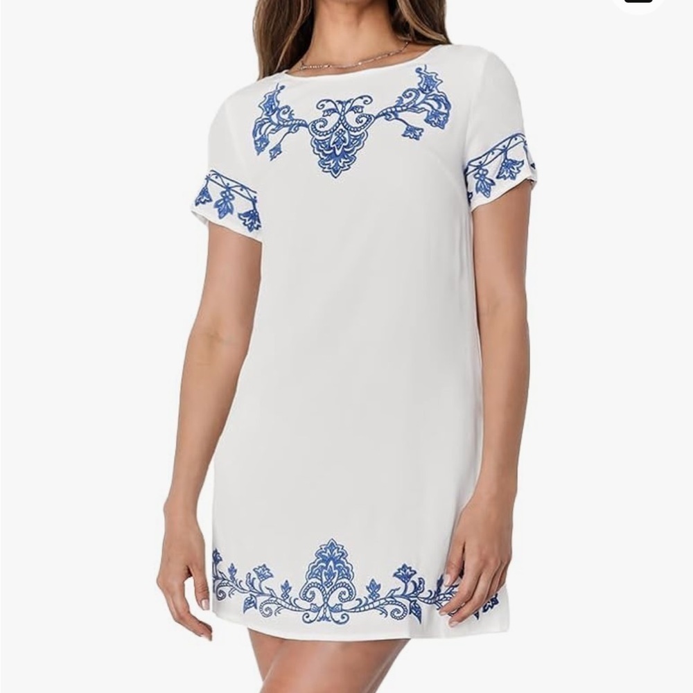 Lulus White & Blue Tale to Tell Embroidered Shift Mini Short Sleeve Dress Size S
